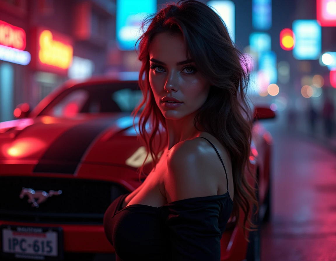 A picture of an extremely beautiful woman, mounted on a black mclaren, with very blue eyes, Jet black hair, small nose, full lips, very beautiful, with a mischievous smile, red phosphorescent light, in the background the stars at night 