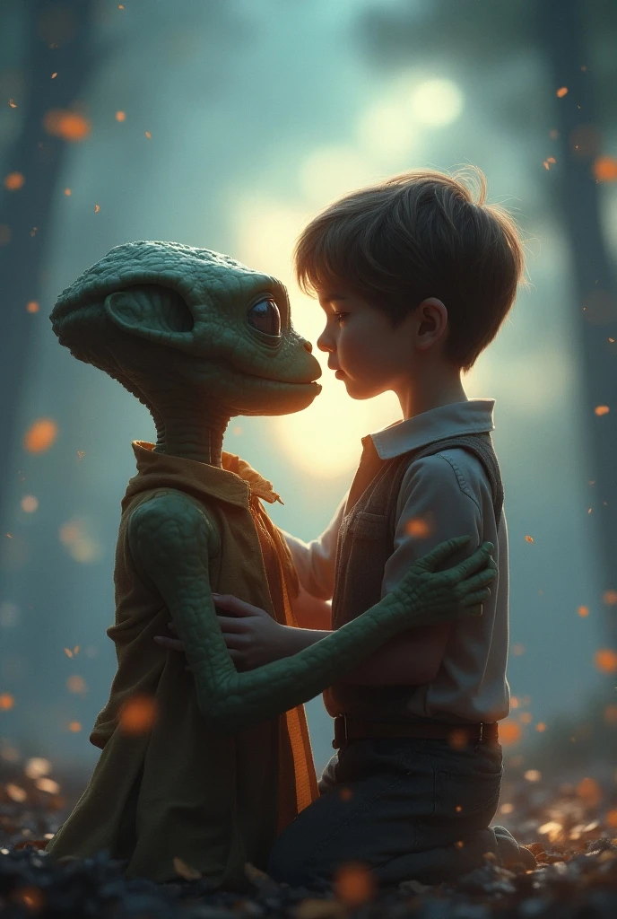 A boy looking at a lost creepy alien at night