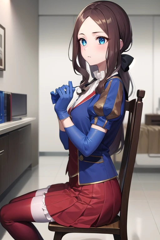 leonardo da vinci rider, blue eyes, brown hair, long hair, parted bangs,
BREAK (black footwear, brown jacket, elbow gloves, gloves, jacket, loafers, blue gloves, metal gloves, pantyhose, red skirt, shoes, skirt, puffy sleeves, thighhighs, blue thighhighs:1.2),
BREAK expressionless, (looking at side:1.2),
BREAK (sitting chair:1.1), 
BREAK (from side:1.1), (cowboy shot:1.2),
BREAK (indoor, Infirmary, white room, chair:1.2),
BREAK (masterpiece:1.2), best quality, high resolution, unity 8k wallpaper, (illustration:0.8), (beautiful detailed eyes:1.6), extremely detailed face, perfect lighting, extremely detailed CG, (perfect hands, perfect anatomy),