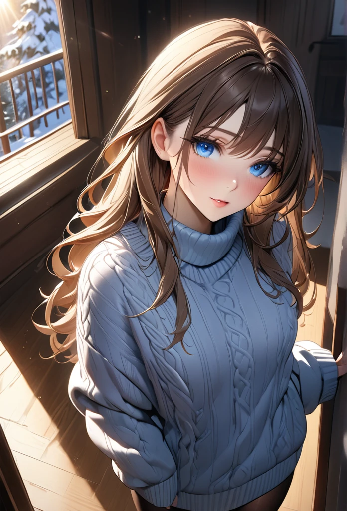 photorealisim、top-quality、超A high resolution、a picture、Extraordinary beautiful girl、Highlights of cheek luster、Detailed cute and beautiful face、(pureerosface_v1:0.008)、Beautiful bangs、Glowing white shiny skin、Bangs between the eyes、shiny and beautiful hair、Silky hair、finer hair、High-definition eyes、Beautiful, Bright and clear, Small eyes、eye liner、Double eyelids、Full body like、red blush、embarrassed from、shiny little necklace and earrings, shiny lips: 1.4, (Shy laughter)、Kamimei、red blush、Tears are embarrassing、(Turtleneck knitwear)、((Denim Mini Skirt))、((Blue lace panties))、((Open knees))、((open one's legs))、((Disheveled clothes))、((Dressing))、Puffy nipple、Neat and clean female 20-year-old female teacher、Brown hair, bangs flowing diagonally, Medium Wave Long Hair, Blue eyes, medium breast size, (sit on stairs)