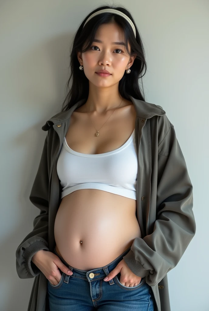(1 girl:1.0), pregnant american girl wearing a black croptop with long sleeves and denim trousers, photo taken from the side, sitting on a couch in a white room, (perfect belly), 19 years old, (hyper realistic), 4k resolution, (perfect belly), perfect legs, perfect arms, huge pregnant belly