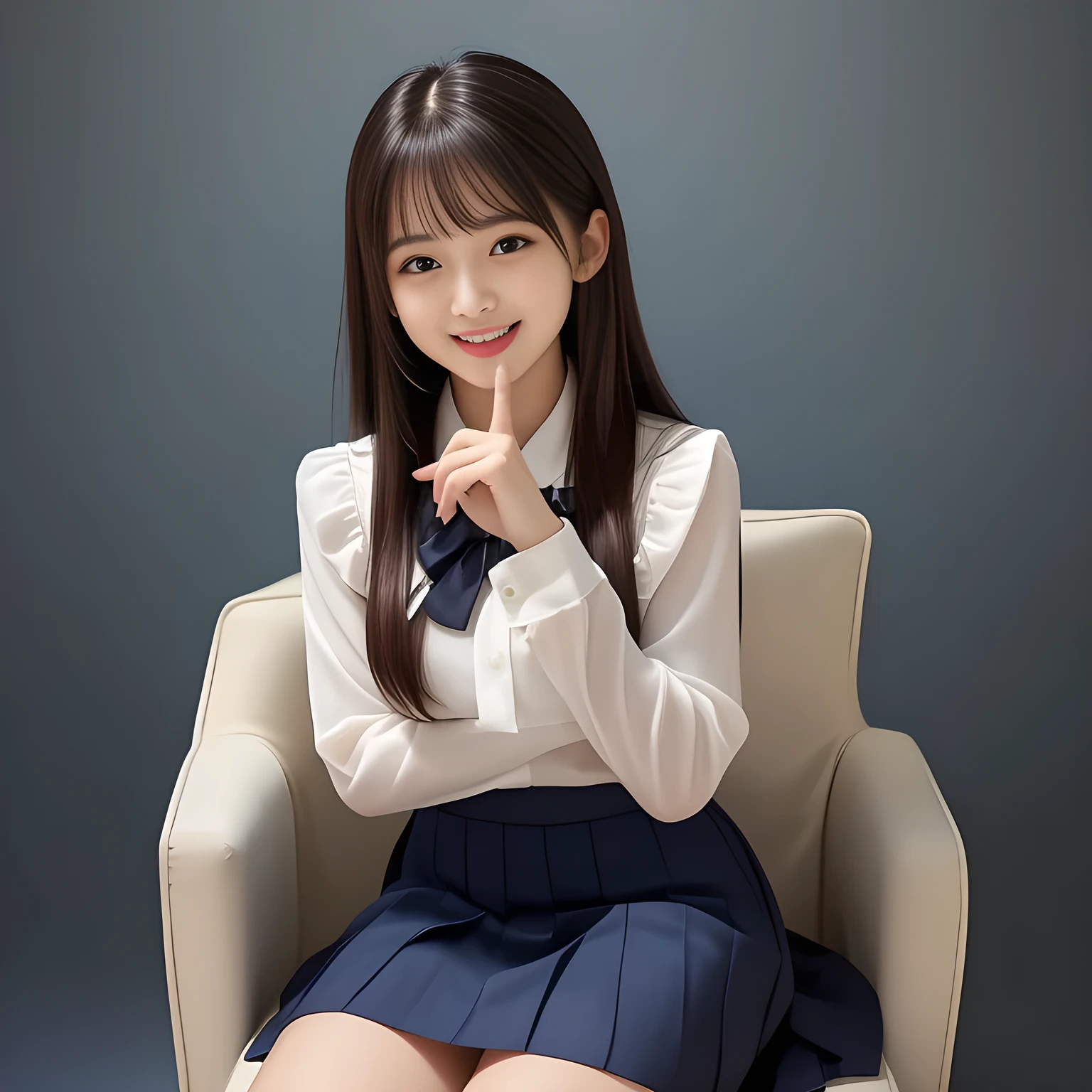 (Highest quality, masterpiece:1.2), Highest quality, High resolution, 1080P, 8k, height: 150cm, (Two **** Japanese beautiful fashion model is seated facing each other and high-touching, cute skirt with beautiful knees, putting her hands front and beautiful fingers, looking at the viewer, can't stop showing cute smile open mouth because of feeling too funny about the viewer, very white-white face, very proud of her long straight hair, using face-whitening cosmetics, prominent eyes, opened laughing giggling most open mouth, too expensive luxurious glossy feminine frilled ivory silk blouse, woolen navy-checkered-pleats-school-skirt and bewitching ribbon on the breast, well-straitened super-super-long well-trimmed long hair: 1.5), (white thighs and knees: 1.7), (Well-balanced, prominent, lovely, drooping, double-eyelids, brown shiny large prominent eyes with detailed: 1.5), ((Beautiful well-figured glossy opened laughing lips: 1.2)), (mature breast), (Girl whom everyone loves because of her beauty and beautiful eyes and lovely fashion and noble manner), (Very beautiful, super-glossy, cute neat black amazingly long hair, straight well-done long hair-style: 1.3), (Drives me crazy for her glossy neat long hair and make me fall into love), (plain blue background: 1.6), (Best style like a **** fashion model, mature breast), (((Completely balanced beautiful big big eyes, looking at me))), (eyes, face and hair are especially beautifully detailed and beautifully drawn: 1.5), (Satisfactory best shot by professional famous photographer for school girl's beauty: 1.5), (The soft white light clearly shows her face extremely white: 1.2), (Feel too luxurious and expensive, girly frilled), (Very soft laughing cheeks, very soft hands pulling the breast ribbon down, People who touch it feel eternal pleasure: 1.2), (Pure x Pure, Super long hair **** beautiful super-cute **** idol of girl photo magazine in Japan: 1.6)