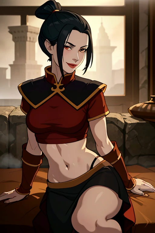 (Dark theme:0.6), (Dark Shot:1.1),   epic realistic digital art  ,hyper-detailed  (Dark Shot:1.4), 80 mm, (illustration), Detailed, Azula, 1 girl, Alone,  short hair,  black hair ,  hair ornament, collect,  brown eyes,   lipstick ,   red lips,  smiling,  short black skirt ,  crop top with short sleeves, blush,  Look at the spectator ,  full body ,with a sturdy chest,Showing half of the tits, until by greg Rutkowski and untilgerm, soft  cinematographic  light, adobe lightroom, photolab, HDR-10, intricate, highly Detailed, (depth of field:1.4), soft light, sharp, exposure mix, MEDIUM SHOT, bokeh, (HDR-10:1.4),  high contrast, ( cinematographic , verde Azulado y naranja:0.85), (muted colors, soft colors,  relaxing tones :1.3), low saturation, (hyperDetailed:1.2), (negro:0.4), highlighted, ( neutral colors :1.2), (HDR-10:1.4), (muted colors:1.2), hyperDetailed, (untilstation:1.4),  cinematographic , warm lights, dramatic light, (intricate details:1.1), complex background , (Rutkowski:0.66), (verde Azulado y naranja:0.4), (HDR-10:1.22), muted colors, complex background , hyperDetailed, until [[by jordan grimmer],