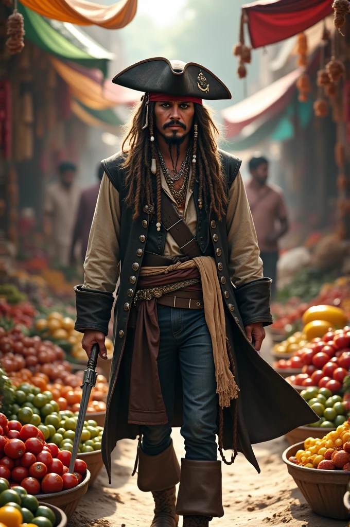 Indian Captain jack sparrow hijacking a shop in between the sea