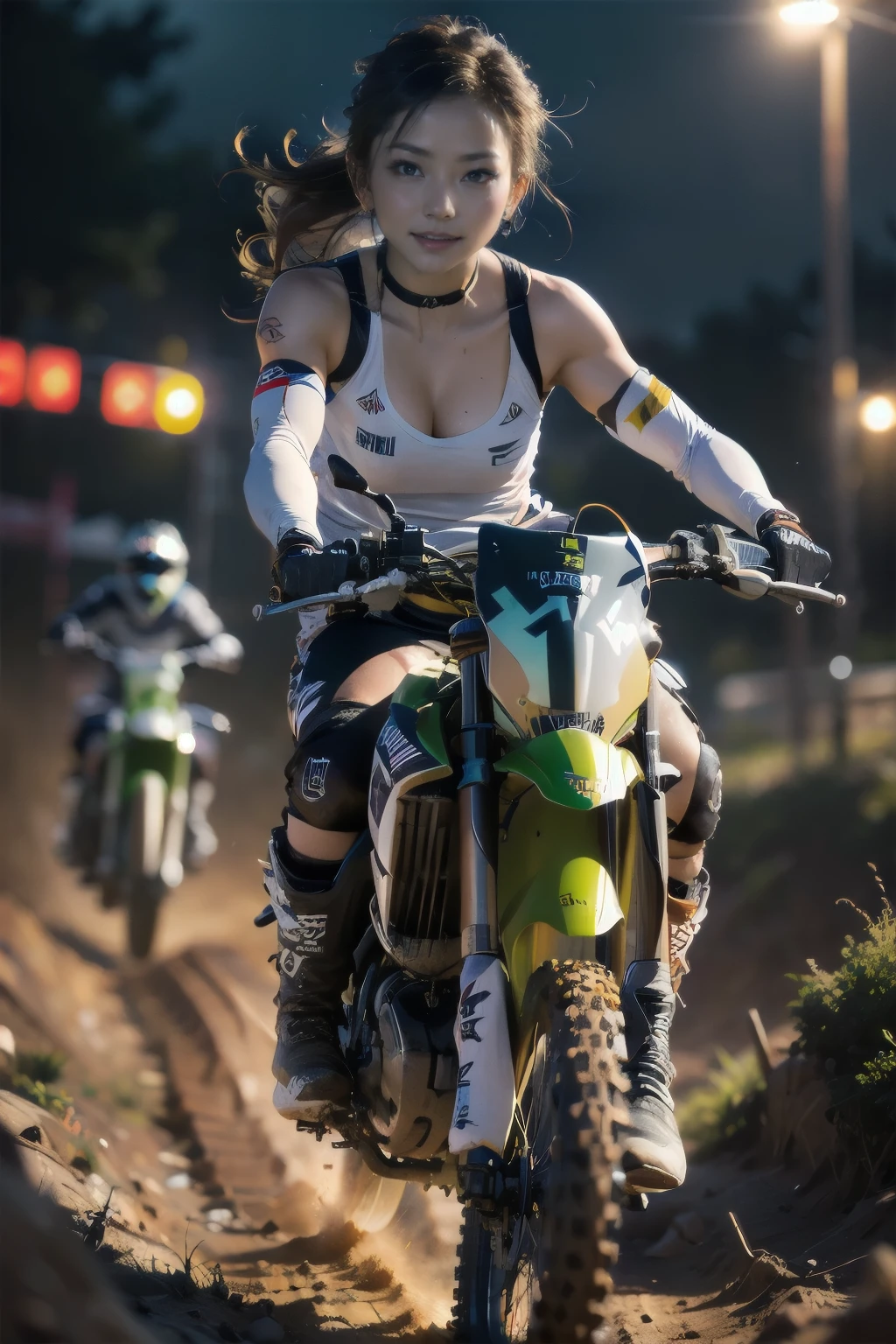 Yamaha WR250 motocross race, cute female racer, beautiful detailed eyes, beautiful detailed lips, extremely detailed eyes and face, long eyelashes, brown skin, wearing motocross boots, full of mud, abs, jumping over a hill, night riding, (best quality,4k,8k,highres,masterpiece:1.2),ultra-detailed,(realistic,photorealistic,photo-realistic:1.37),ultra-wide angle,studio lighting,extreme detail description,vivid colors,bokeh