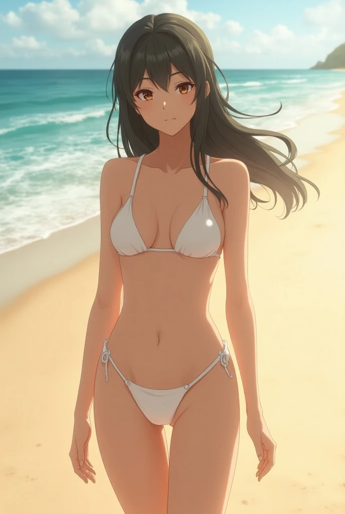 Anime girl , short height, slim body ,standing naked In the beach 
