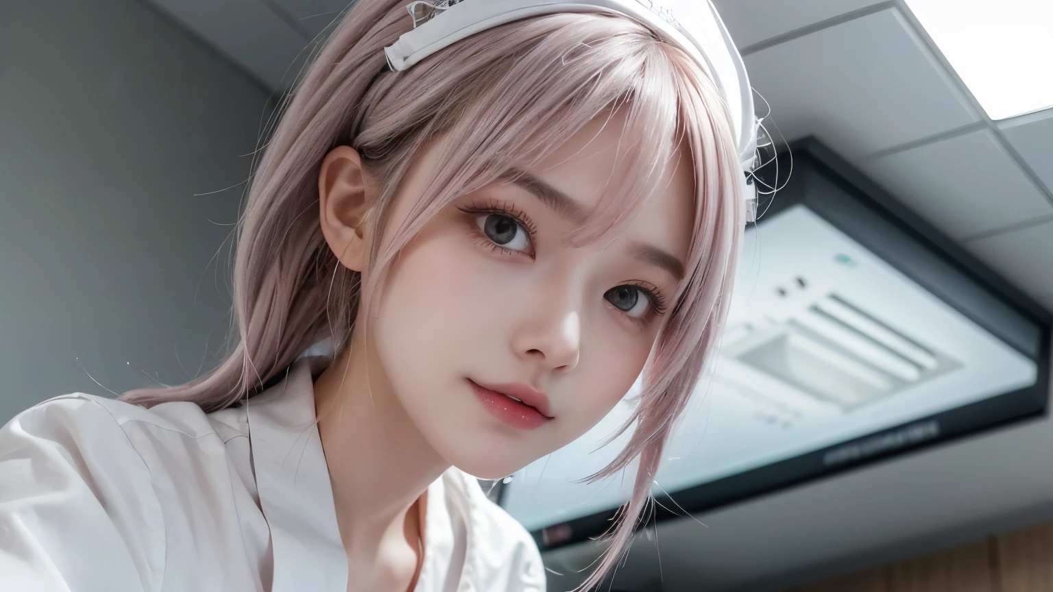 nurse, wearing white nurse uniform, wearing white nurse cap, gothic ta-like fashion, standing next to the examination table, trying to use medical devices, looking up from below, smiliing, sadistic look, look of temptation, shiny silver and pink hair, pompadour hairstyle, twisted bangs, hair is shaggy and dishevelled, silver eyeblow, slendar figure, beautiful white-colored translucent much exposed skin, no makeup, shot from directly below, {realistic}, {cinematic}, {photogenic}, {detailed rendering}, {cinematic lighting}, {vibrant colors}, {photorealistic}, {best quality}, {8k}, {hyperdetailed}