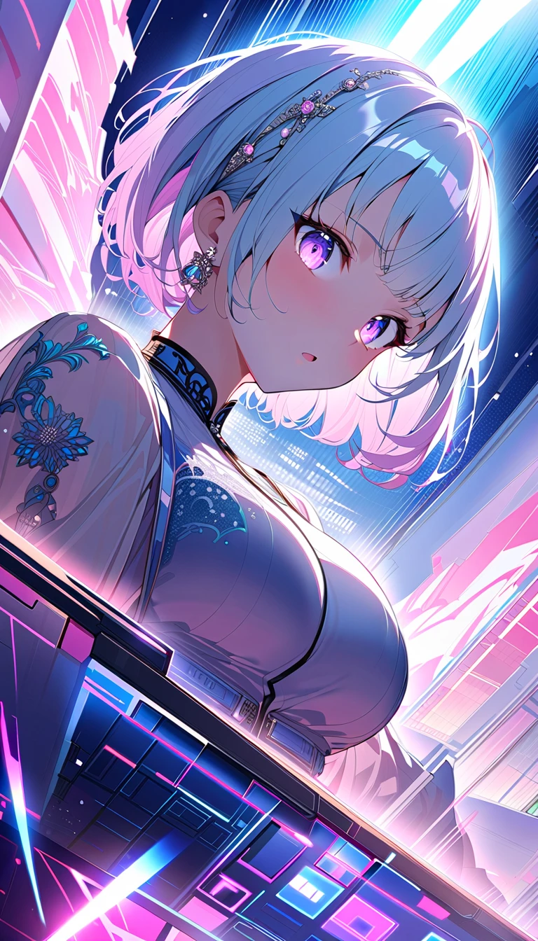 Big Breasts、（Depiction with speed and a sense of speed:1.6）、（Snowing Town:1.6）、 slum、 dynamic poses、 movie scene、Illuminated、cyberpunk.Beautiful face drawing、Depiction of delicate eyes 、Undivided composition、（Composition from directly below:1.6）.（Big Breastsにフォーカス:1.5）、Big Breasts、masterpiece, Best Quality, Raising awareness, （ one girl playing pranks:1.1）, cute, ( Dynamic Lighting:1.2),  Movie Lighting, Elegant features,  detail eyes,  sharp pupils, sharp concentration, ( very detailed, soft glow:1.4),  Many Little Gems , (((short_hair))),　 twin tails、 earrings for a woman alone、前hair、（パステルブラックhair:1.5）、 upper body、（She is wearing crystal clear embroidered glitter light blue lingerie. The lingerie is transparent to her chest :1.9）.、Transparent design。 The light source is gentle light from the front ....、 The overall atmosphere is bright and clean ....。