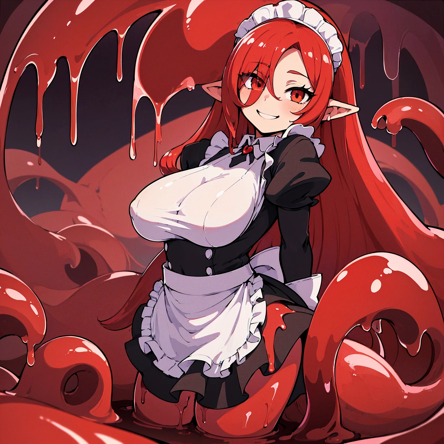 1girl,solo,red hair, wolf ears ,((a ripped black and white maid dress)) ,(masterpiece,best quality, official art,aim to viewers, beautiful and aesthetic:1.3),((ultra high res,golden ratio,)) (4k,8k,16k), nude, tentaclenude, raped by blue octopus tentacles, tied by octopus tentacles, hot face, cum in the womb, The inside view of the stomach is filled with octopus slime sperm, ((leg spread out)),adult, women, surrounded by blue tentacles , thicc, 30 age, half nude, ahegao face