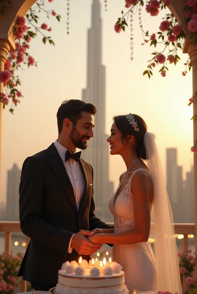 Tall handsome guy hold hand pakistani girl which has short height standing on elfwa tower