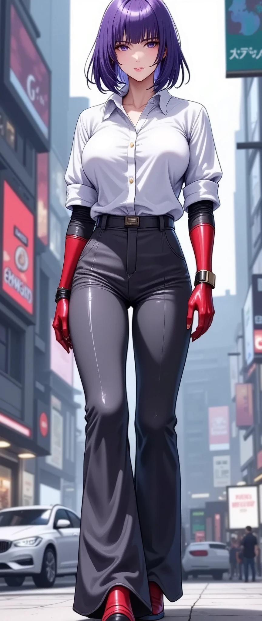 (masterpiece:1.2),(Best Quality),(Super detailed),( super high definition),( best illustration),8k, wallpaper, Beautiful Female Cyborg, cowboy shot,Vector art,Layered Textures ,progressive,SF, Cyberpunk , white blouse,charcoal grey wide pants, red high heels,(The background is a fashion district in the cyber world)