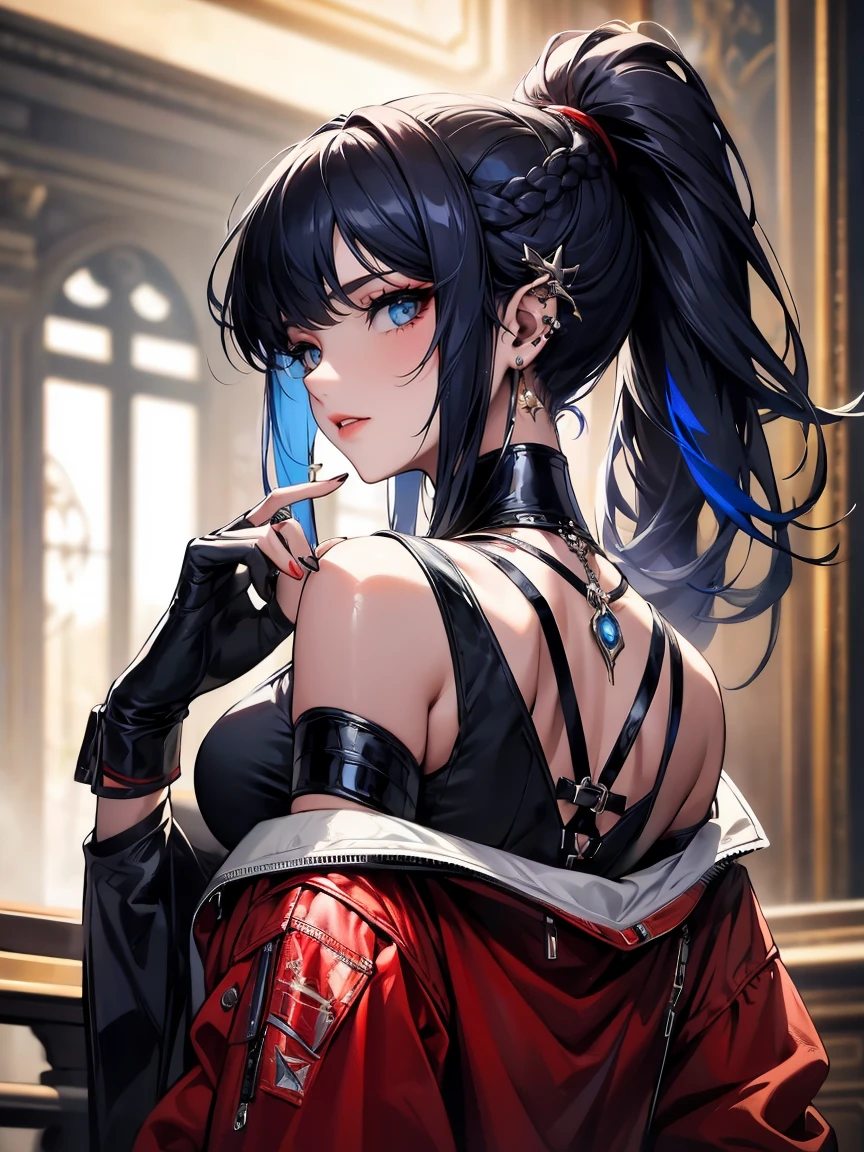medieval setting, full view of body, 1 skinny female with large breast, beatiful smokey green eyes, black hair pinned up, off-shoulder midi dress, red scarf around her neck, eerie sunset