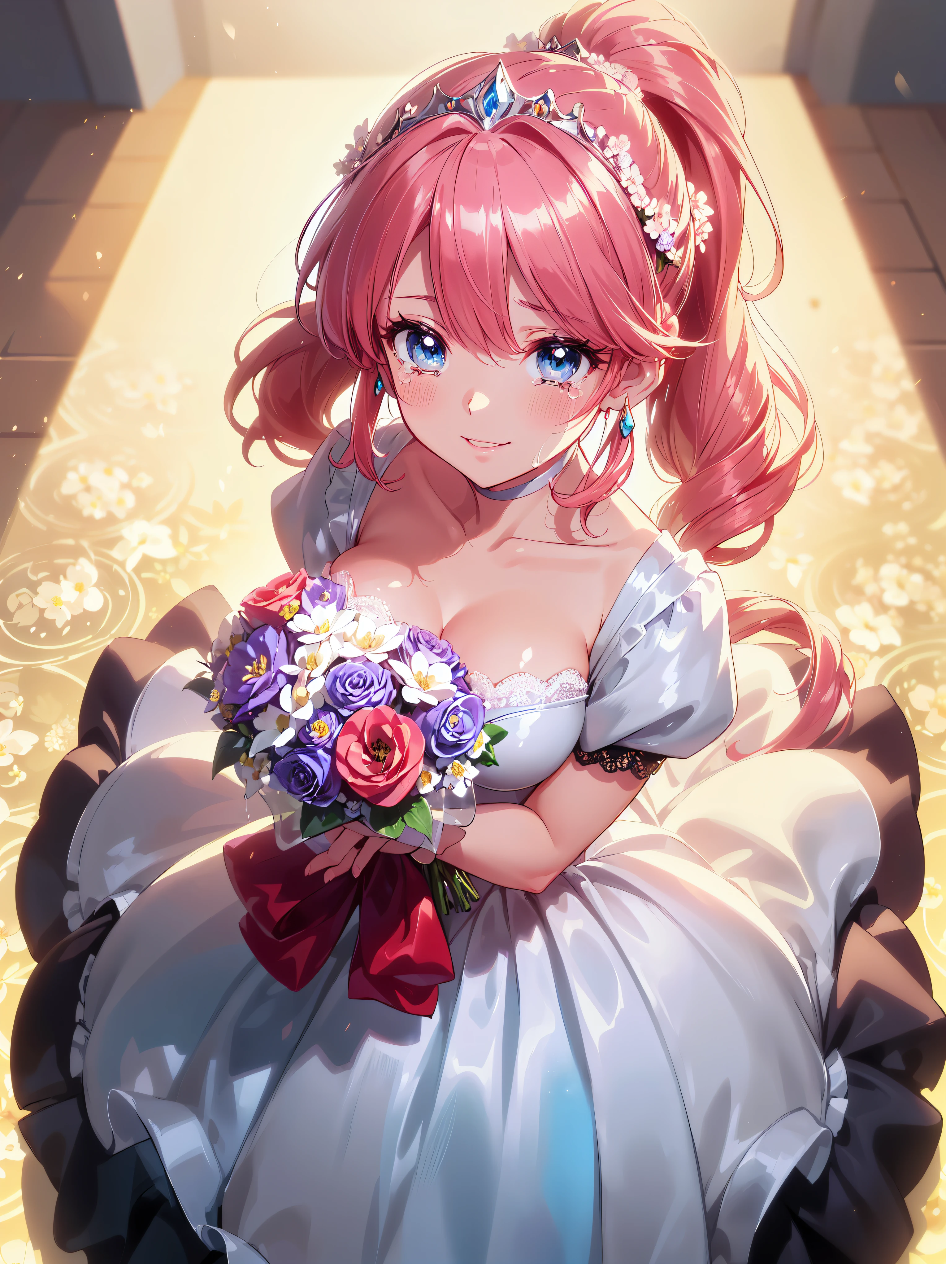 (((ultra detailed, highest quality, high resolution))), (((rococo victorian gown with volume and expanse pleated hoop skirt))), ((delicate lace, transparent satin fabric)), huge Breasts, breast focus, super detailed skin, (((solo young face princess))), 
BREAK 
(hair pink hair), (((fluffy long ponytail))), shiny hair, curly hair, asymmetry bangs, pretty jeweled tiara, crystal earrings, beautiful eyes, faint lips, delicate and beautiful face, ((beautiful happy smile and crying)), KAWAII face, 
BREAK 
(((looking at viewer, from above, front view))), (holding a bouquet of flower:1.7), cowboy shot, beautiful and shiny marble floor, highly reflective floor, (backlighting:1.5), (depth of field, face focus), caustics, (floral background:1.5), (moe anime art style:1.3), ((soft focus:1.5)), (soft edge:1.5), 