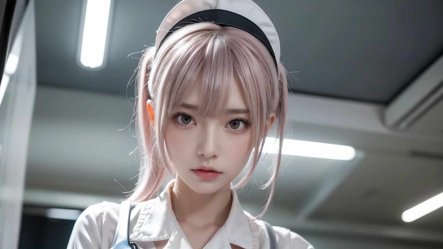 nurse, wearing white nurse uniform, wearing white nurse cap, gothic ta-like fashion, standing next to the examination table, trying to use medical devices, looking up from below, sadistic look, look of contempt, temptation, shiny silver and pink hair, pompadour hairstyle, twisted bangs, hair is shaggy and dishevelled, silver eyeblow, slendar figure, beautiful white-colored translucent much exposed skin, no makeup, shot from directly below, {realistic}, {cinematic}, {photogenic}, {detailed rendering}, {cinematic lighting}, {vibrant colors}, {photorealistic}, {best quality}, {8k}, {hyperdetailed}