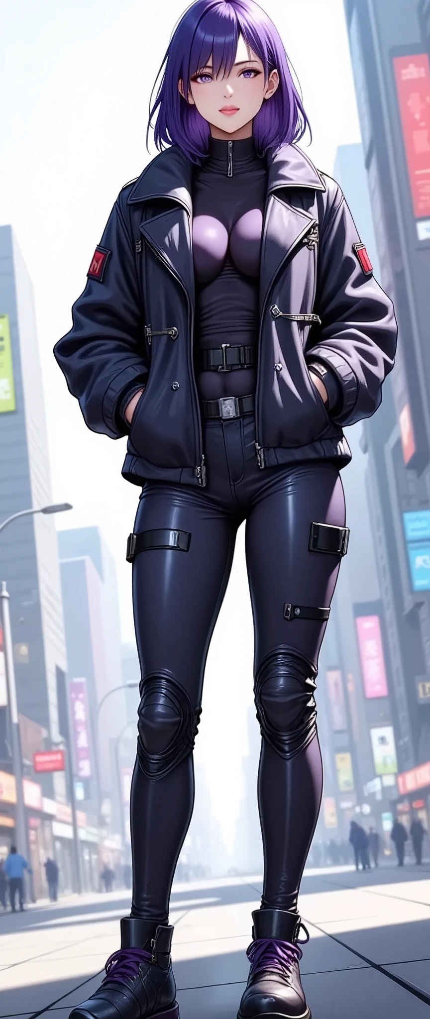 (masterpiece:1.2),(Best Quality),(Super detailed),( super high definition),( best illustration),8k, wallpaper, Beautiful Female Cyborg,whole body,Vector art,Layered Textures ,progressive,SF, Cyberpunk ,Military coat,jeans,High-tech sneakers,(The background is the downtown area of Cyber World)