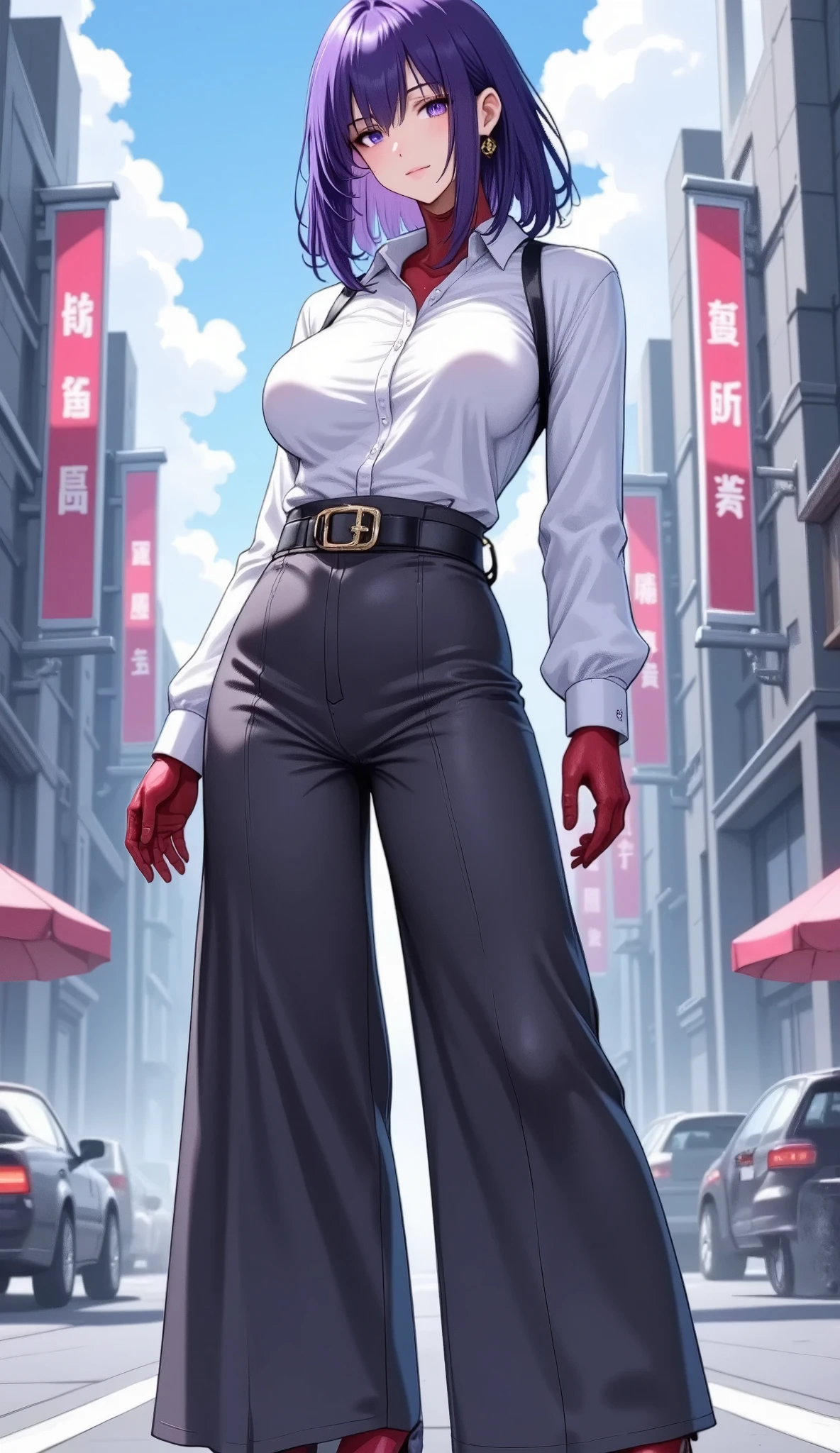 (masterpiece:1.2),(Best Quality),(Super detailed),( super high definition),( best illustration),8k, wallpaper, Beautiful Female Cyborg, cowboy shot,Vector art,Layered Textures ,progressive,SF, Cyberpunk , white blouse,charcoal grey wide pants, red high heels,(The background is a fashion district in the cyber world)