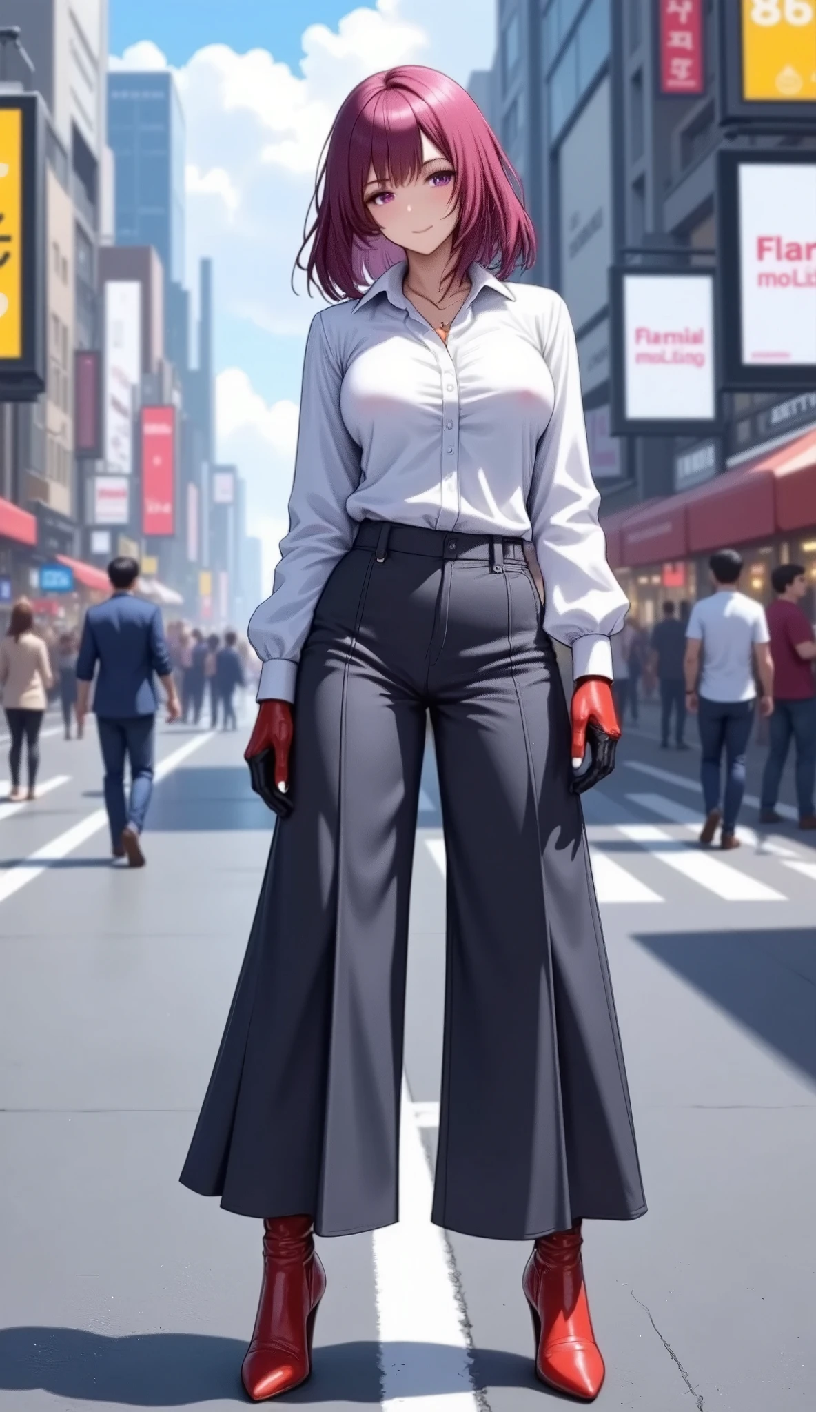 (masterpiece:1.2),(Best Quality),(Super detailed),( super high definition),( best illustration),8k, wallpaper, Beautiful Female Cyborg, cowboy shot,Vector art,Layered Textures ,progressive,SF, Cyberpunk , white blouse,charcoal grey wide pants, red high heels,(The background is a fashion district in the cyber world)