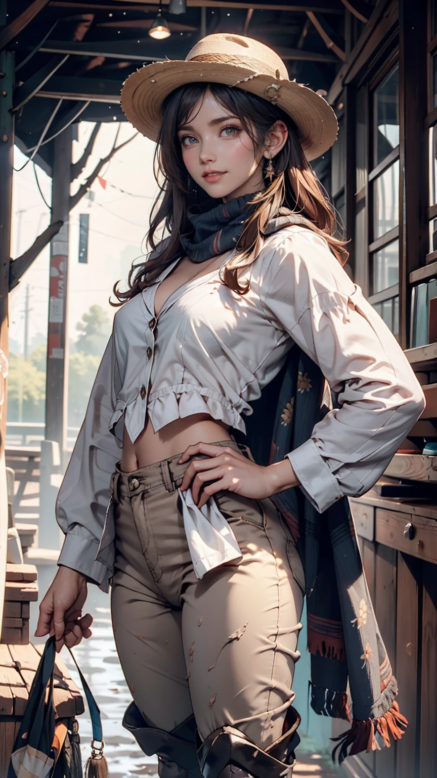  Portrait of a Beautiful Woman on a Muddy Farm:1.2 , cowboy hat, Fringed waistcoat , pants, scarf ,  Confidence  ,  middle of chest,、Place hands on hips、Riding boots、Round Whips 、smile、 Indy Jones Style 