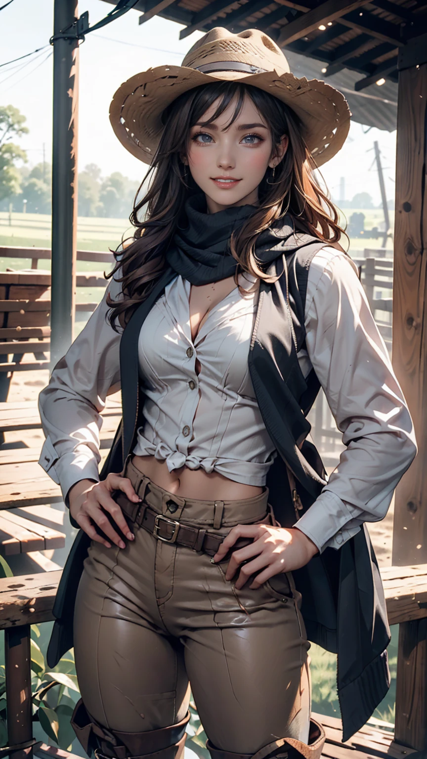  Portrait of a Beautiful Woman on a Muddy Farm:1.2 , cowboy hat, Fringed waistcoat , pants, scarf ,  Confidence  ,  middle of chest,、Place hands on hips、Riding boots、Round Whips 、smile、 Indy Jones Style 