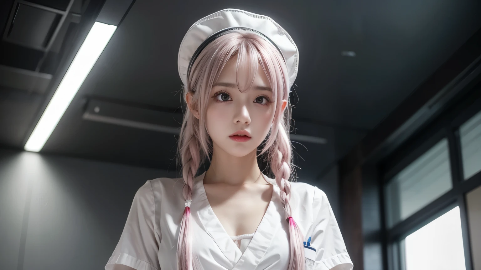 nurse, wearing white nurse uniform, wearing white nurse cap, gothic ta-like fashion, standing next to the examination table, looking up from below, very angry look, look of temptation, shiny silver and pink hair, pompadour hairstyle, twisted bangs, hair is shaggy and dishevelled, silver eyeblow, slendar figure, beautiful white-colored translucent much exposed skin, no makeup, shot from directly below, {realistic}, {cinematic}, {photogenic}, {detailed rendering}, {cinematic lighting}, {vibrant colors}, {photorealistic}, {best quality}, {8k}, {hyperdetailed}