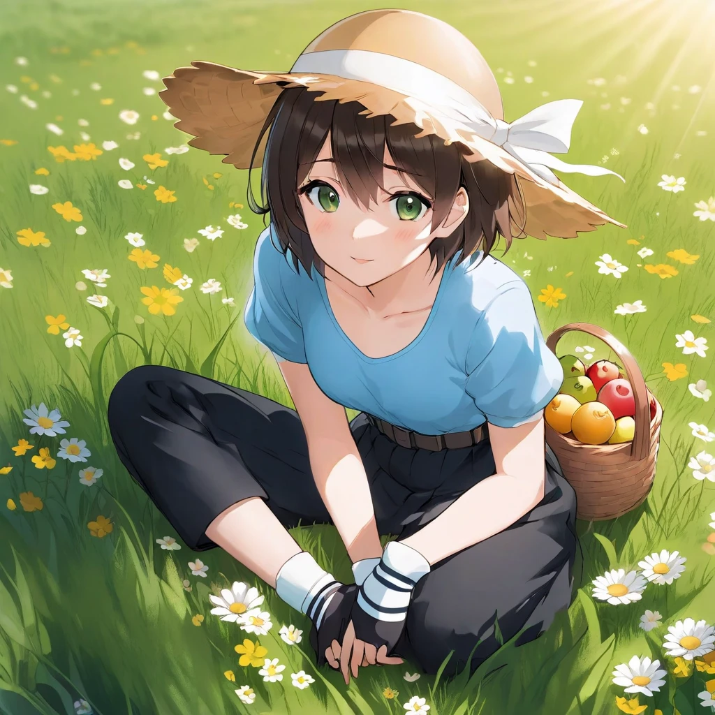 Anime girl sitting in a field of flowers holding a basket of fruits, Makoto Shinkai art style, Makoto Shinkai and artgerm,  anime visual of a cute girl, Makoto Shinkai style, Makoto Shinkai!!, Makoto Shinkai!, Makoto Shinkai.   Digital Rendering  ,  cute anime girl,   anime moe art style ,  beautiful sunflower anime girl  