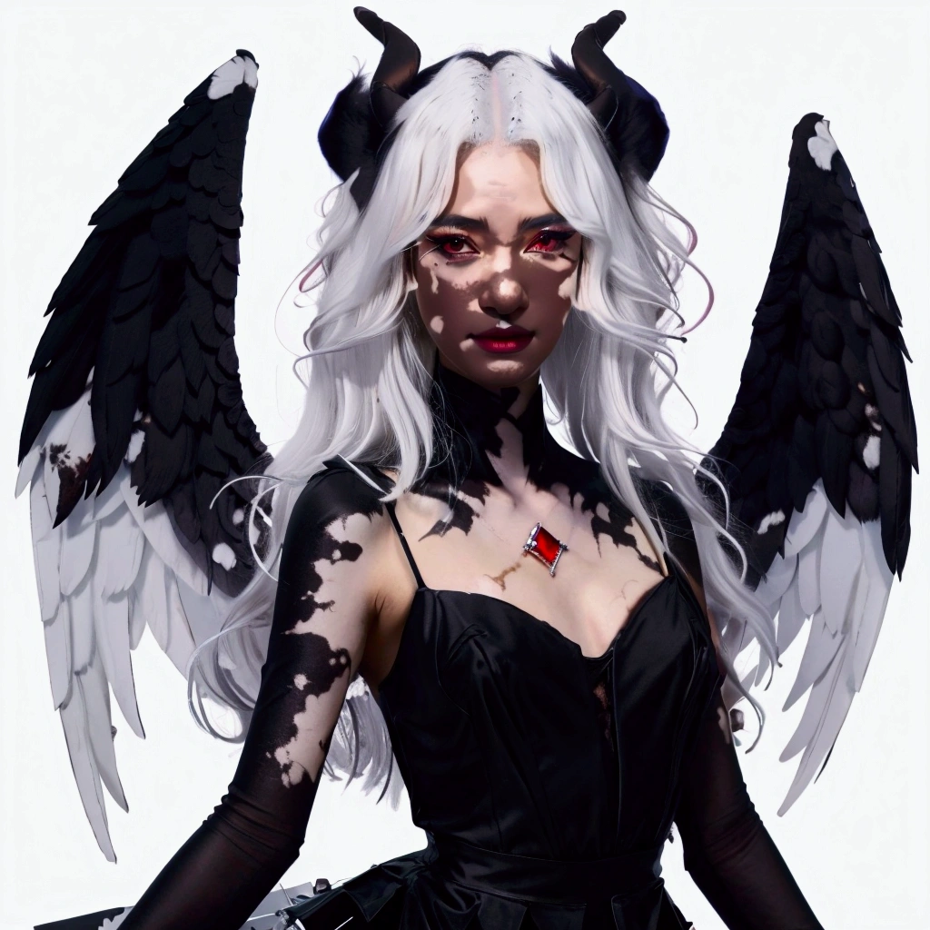 anime style: Angel with black horns, with matte black patchy vitiligo, wearing a black dress, with a white tail, with a pair of white wings, with sharp red eyes and a sharp smile, semi-wavy white hair, with a small purple/red diamond-shaped gem embedded in the center of the ches, con pecas moradas en las mejillas