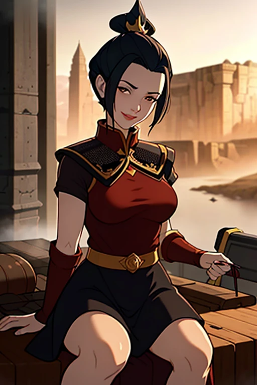 (Dark theme:0.6), (Dark Shot:1.1),   epic realistic digital art  ,hyper-detailed  (Dark Shot:1.4), 80 mm, (illustration), Detailed, Azula, 1 girl, Alone,  short hair,  black hair ,  hair ornament, collect,  brown eyes,   lipstick ,   red lips,  smiling,  short black skirt , Chong Pong showing breasts, short sleeves, blush,  Look at the spectator ,  full body ,with a sturdy chest, until by greg Rutkowski and untilgerm, soft  cinematographic  light, adobe lightroom, photolab, HDR-10, intricate, highly Detailed, (depth of field:1.4), soft light, sharp, exposure mix, MEDIUM SHOT, bokeh, (HDR-10:1.4),  high contrast, ( cinematographic , verde Azulado y naranja:0.85), (muted colors, soft colors,  relaxing tones :1.3), low saturation, (hyperDetailed:1.2), (negro:0.4), highlighted, ( neutral colors :1.2), (HDR-10:1.4), (muted colors:1.2), hyperDetailed, (untilstation:1.4),  cinematographic , warm lights, dramatic light, (intricate details:1.1), complex background , (Rutkowski:0.66), (verde Azulado y naranja:0.4), (HDR-10:1.22), muted colors, complex background , hyperDetailed, until [[by jordan grimmer],