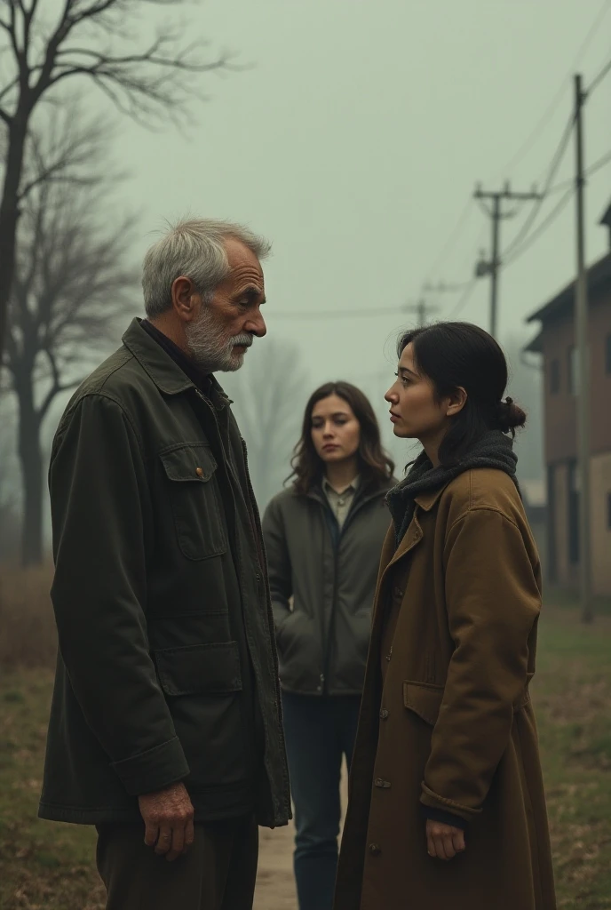 dark, oppressive scene showing three generations of a family (a grandfather, a middle-aged parent, and a young child) all shackled together by heavy chains, walking in a line towards a bleak, foreboding labor camp. The environment is cold and barren, with watchtowers and barbed wire fences in the background. 9/16 image size