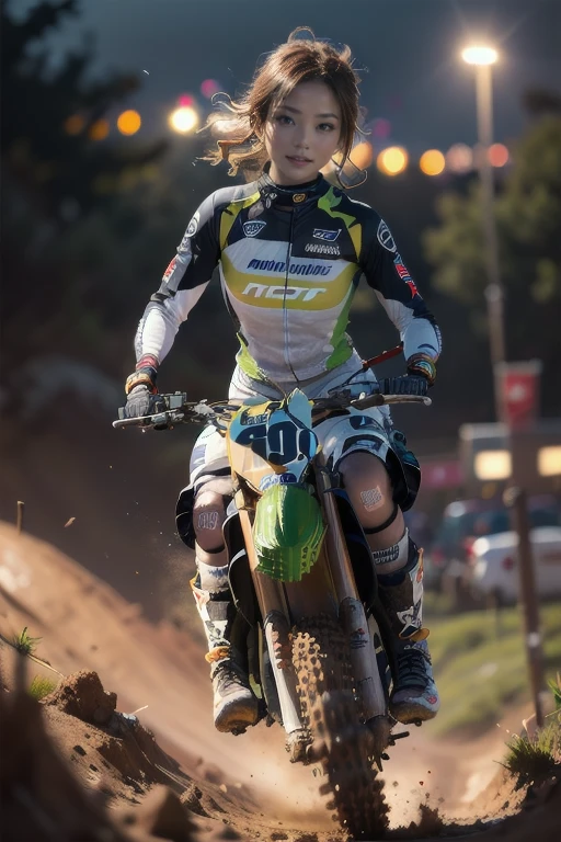 Yamaha WR250 motocross race, cute female racer, beautiful detailed eyes, beautiful detailed lips, extremely detailed eyes and face, long eyelashes, brown skin, wearing motocross boots, full of mud, abs, jumping over a hill, night riding, (best quality,4k,8k,highres,masterpiece:1.2),ultra-detailed,(realistic,photorealistic,photo-realistic:1.37),ultra-wide angle,studio lighting,extreme detail description,vivid colors,bokeh