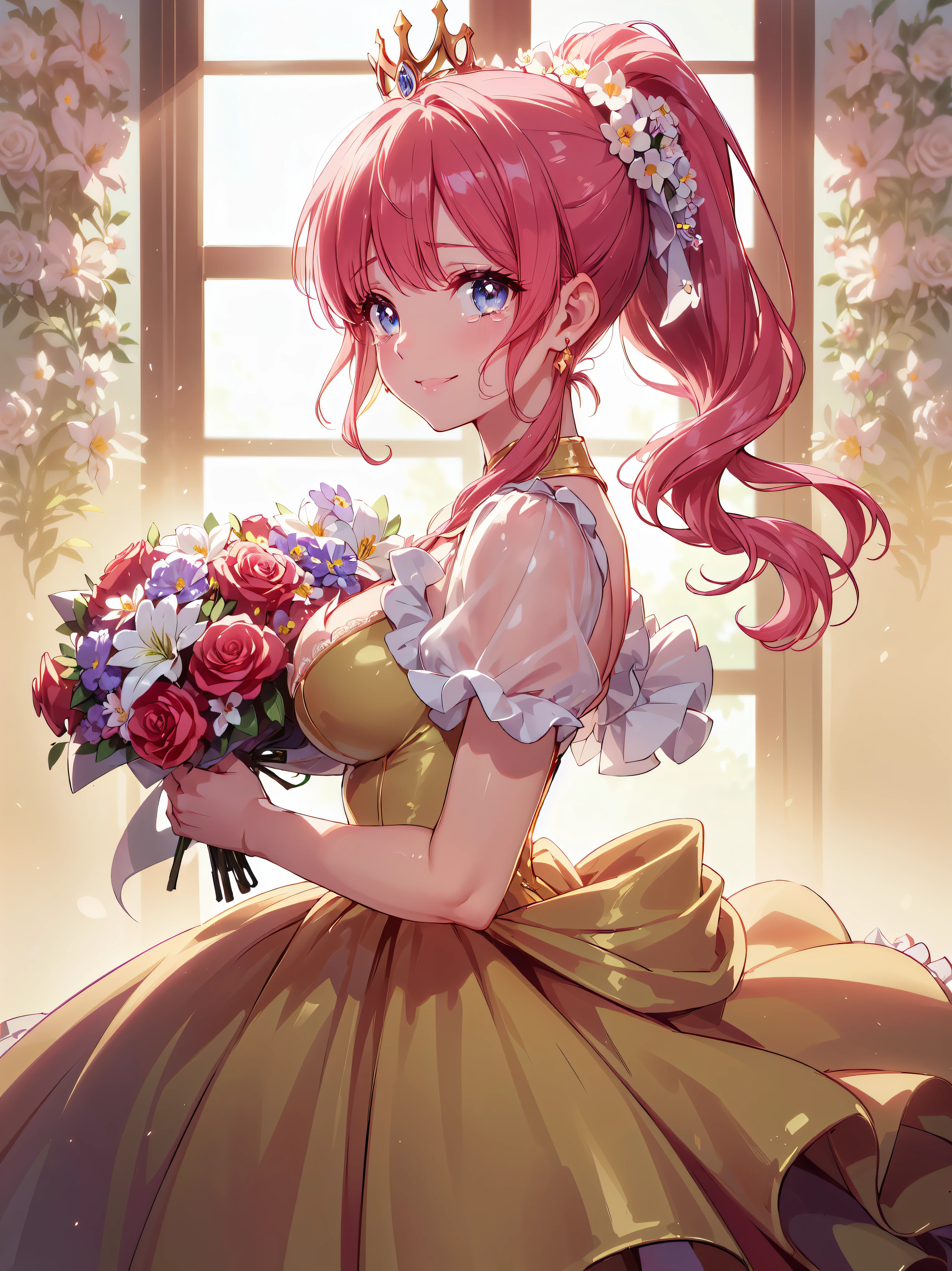 (((ultra detailed, highest quality, high resolution))), (((rococo victorian gown with volume and expanse pleated hoop skirt))), ((delicate lace, transparent satin fabric)), huge Breasts, breast focus, super detailed skin, (((solo young face princess))), 
BREAK 
(hair pink hair), (((fluffy long ponytail))), shiny hair, curly hair, asymmetry bangs, pretty jeweled tiara, crystal earrings, beautiful eyes, faint lips, delicate and beautiful face, ((beautiful happy smile and crying)), KAWAII face, 
BREAK 
(((looking at viewer, front view))), (holding a bouquet of flower:1.7), cowboy shot, beautiful and shiny marble floor, highly reflective floor, (backlighting:1.5), (depth of field, face focus), caustics, (floral background:1.5), (moe anime art style:1.3), ((soft focus:1.5)), (soft edge:1.5), 