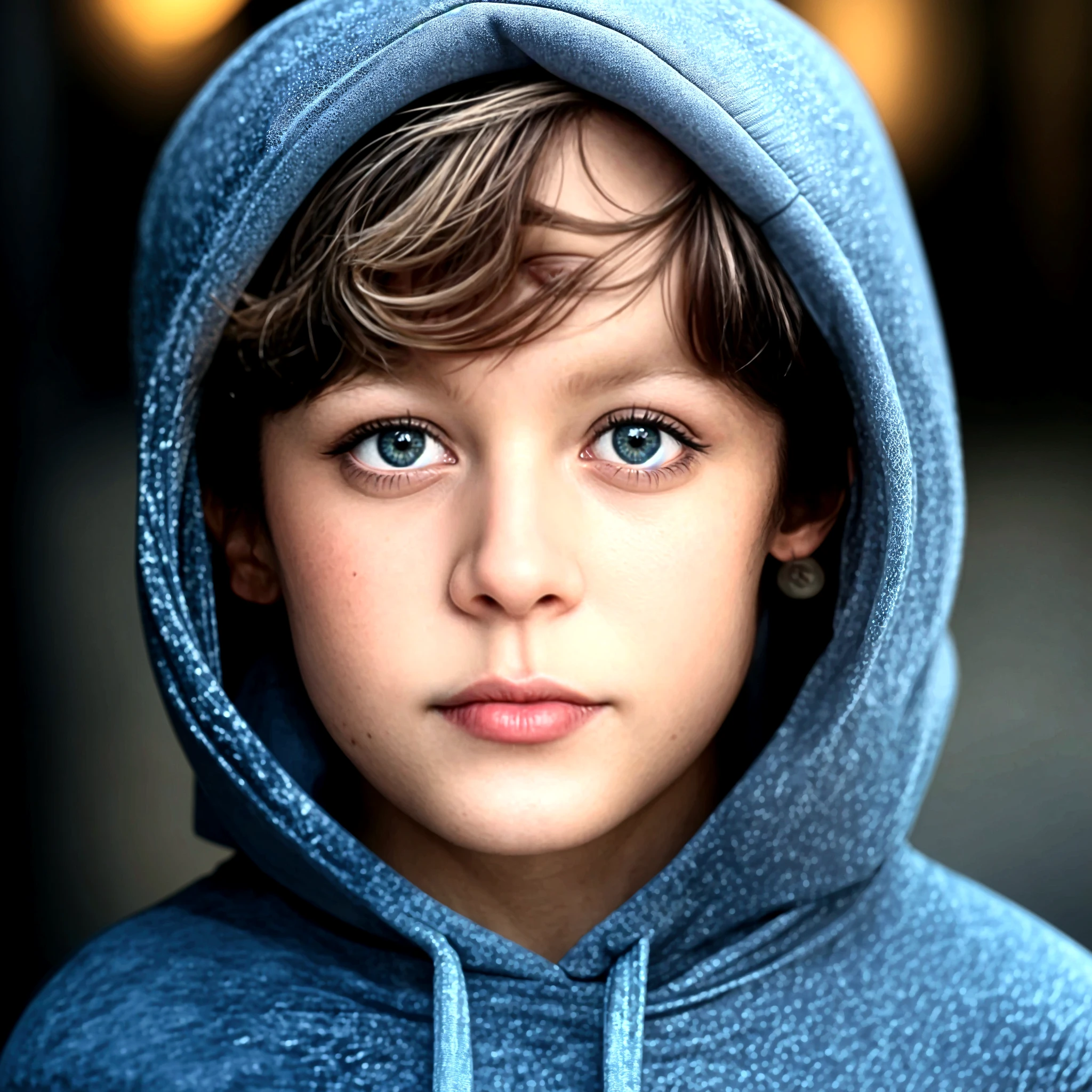 Boy with brown hair and white skin color with brown eyes and blue sweatshirt