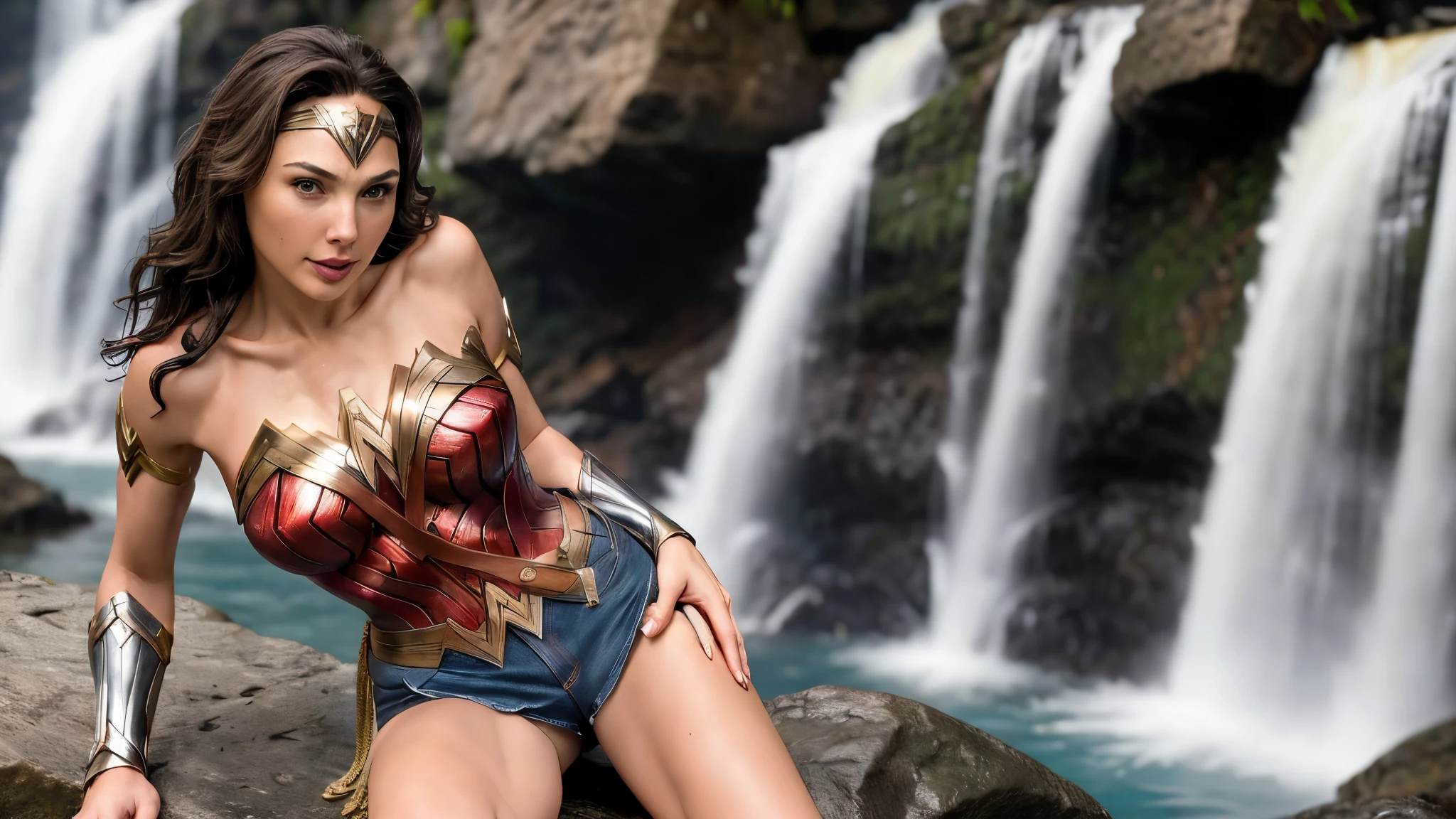 Gal Gadot as Wonder Woman, full body, deep neckline, suit of wonder woman, costume wonder woman, Hot, sexy ,((Masterpiece, best quality)), detailed skin, highly detailed, cinematic lighting, ultra realistic, blush,big breasts, cleavage, malicious smile, full body view. Wonder woman, brunette hair, Close up of breasts, pokies, bikini top, denim bahama shorts, gold arm bracers, tropical waterfall location, smile