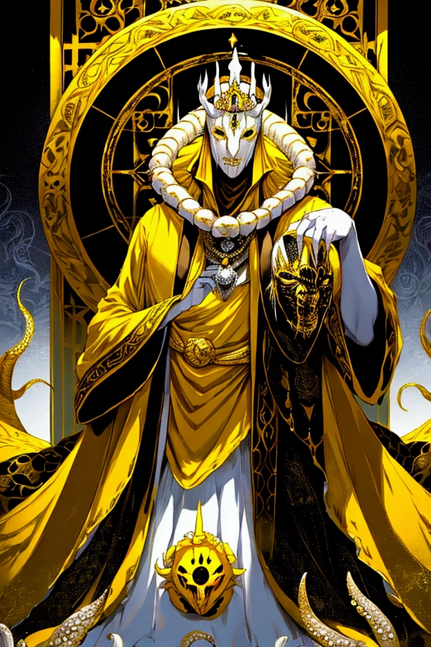 a painting of a man dressed in a yellow robe and a crown, hastur the king in yellow, yellow-robed cultist, king in yellow, a professional digital painting of the king in yellow wearing a tattered yellow cloak standing in a ballroom gripping a medallion in his claws, (white porcelain mask:1.05),painting of the king in yellow wearing a cloak and a mask, antlers, crown, cosmic background, gold and white and black color scheme surrounded by a mass of writhing tentacles, ornate baroque ballroom background, antlers, crown, high quality masterpiece, best quality, kinginyellow, the kinginyellow (wearing a white porcelain mask:1.1) and a tattered yellow cloak standing, surrounded by a mass of writhing tentacles, ornate baroque ballroom background, antlers, crown 