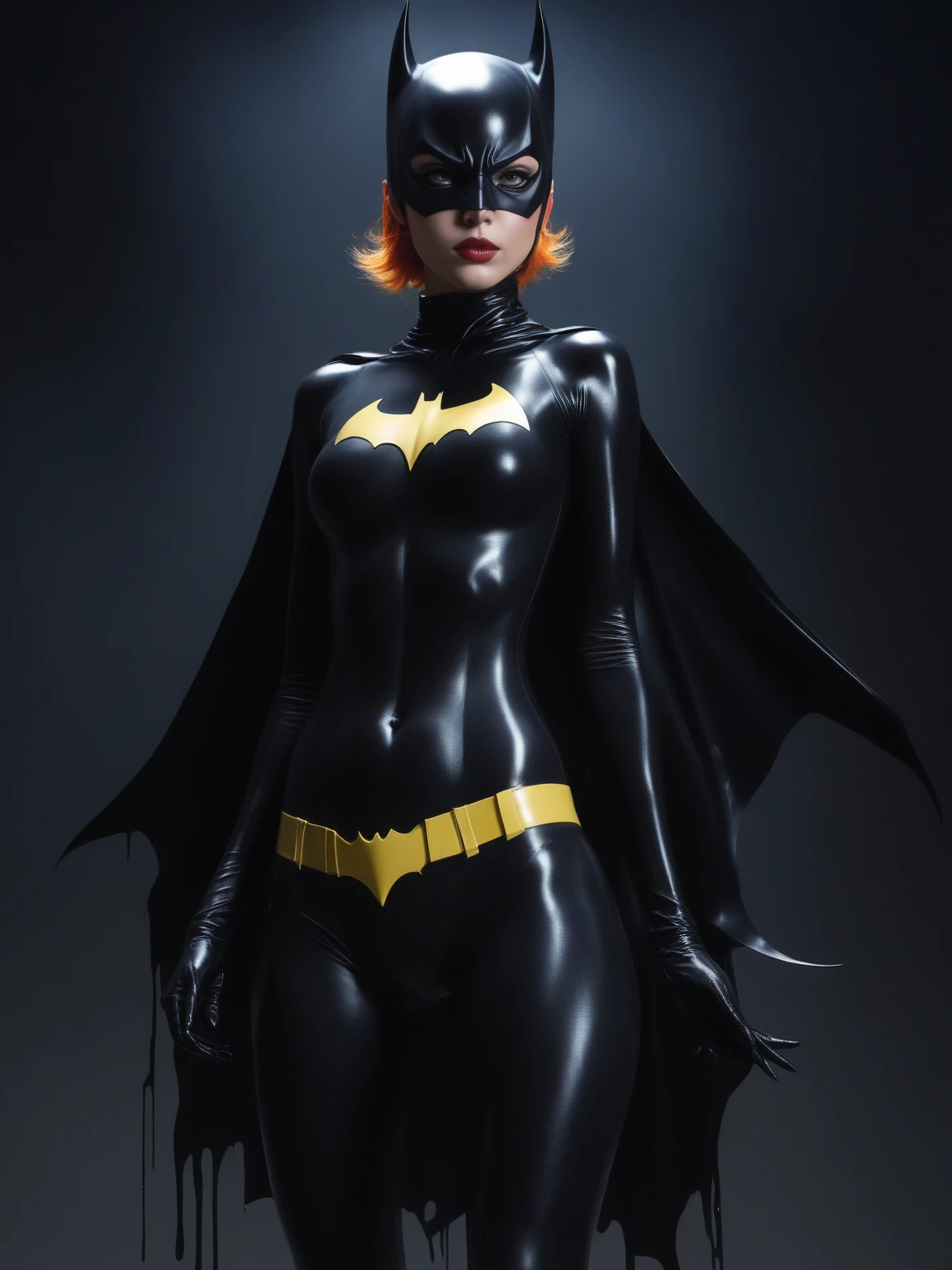 by Tsutomu Nihei,(strange but extremely beautiful:1.4),(masterpiece, best quality:1.4),in the style of nicola samori,Batgirl,glossy latex cameltoe, dark moody black background
