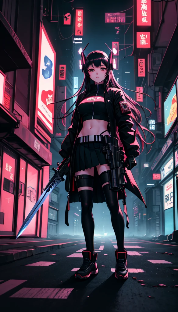 1girl, black long hair, purple eyes, glaring at viewer, wearing tactical gear, urban ruins, absurdres, high res, ultrasharp, 8K, masterpiece, blood on face, grime on face, blood on face, grime on face, mature looking, full body, tall