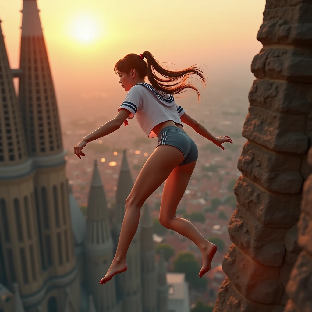 Boy levitating next to his blonde teenage sister, behind a medieval castle 
