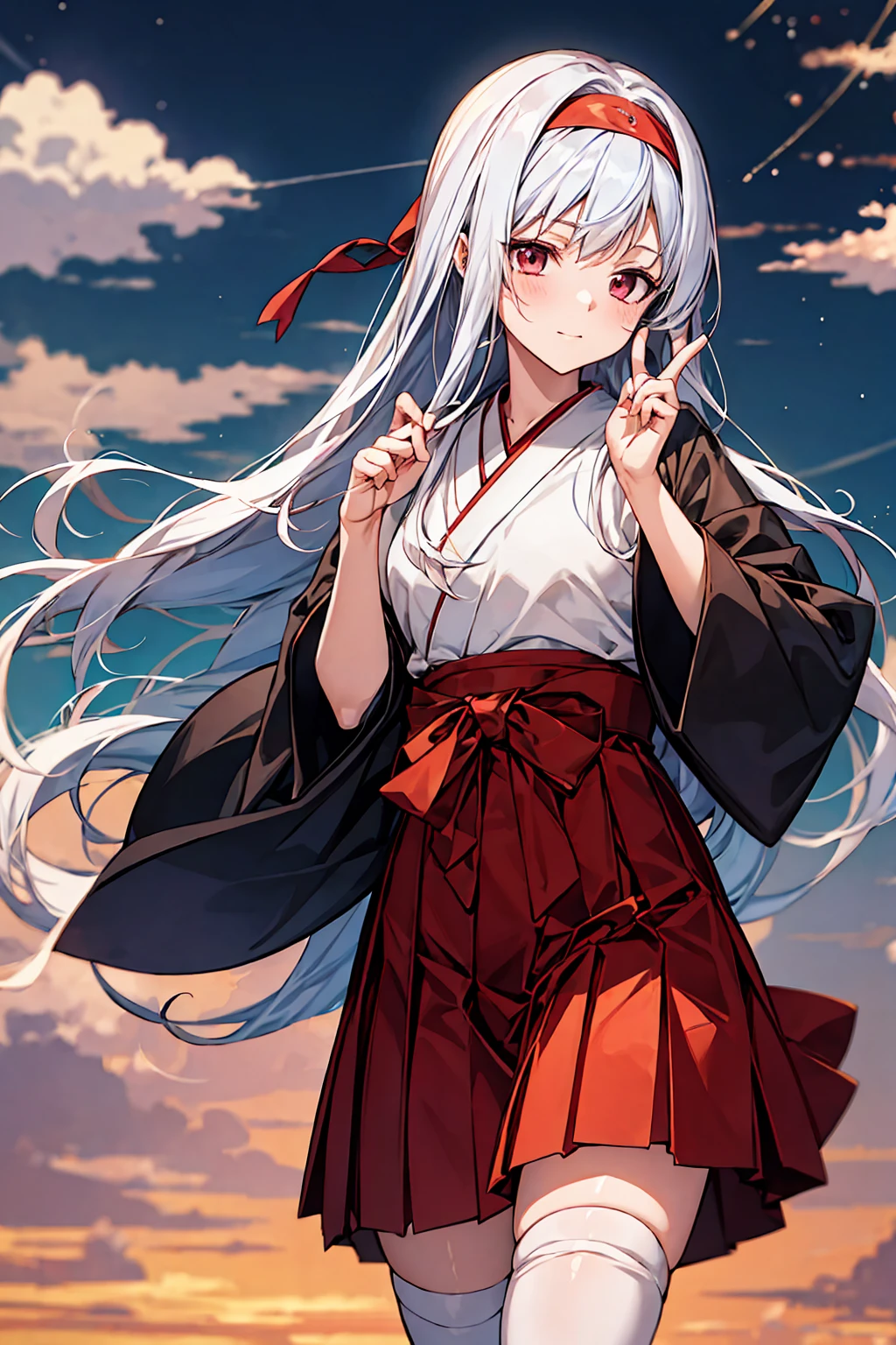 shoukakuKC, long hair,white hair, japanese clothes,headband, hakama, hakama short skirt, red hakama, tasuki, red headband,thighhighs,score_9, score_8_up, score_7_up, score_6_up, score_5_up, score_4_up , anime coloring ,BREAK source_anime, anime gal peace,looking down at viewer,