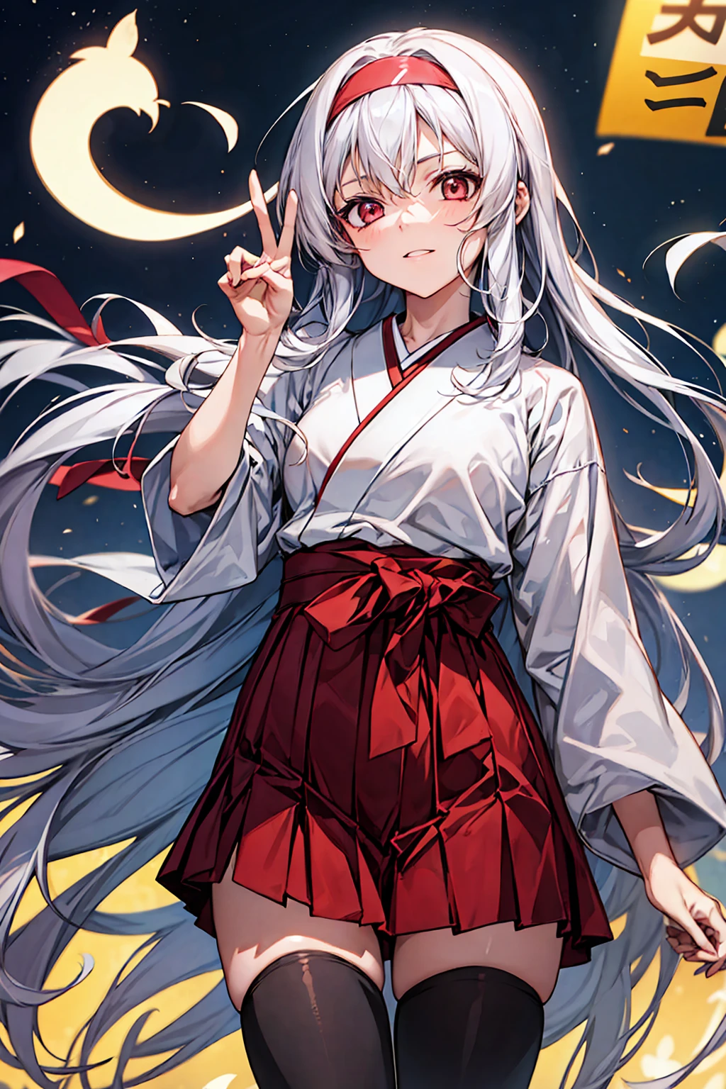 shoukakuKC, long hair,white hair, japanese clothes,headband, hakama, hakama short skirt, red hakama, tasuki, red headband,thighhighs,score_9, score_8_up, score_7_up, score_6_up, score_5_up, score_4_up , anime coloring ,BREAK source_anime, anime gal peace,looking down at viewer,