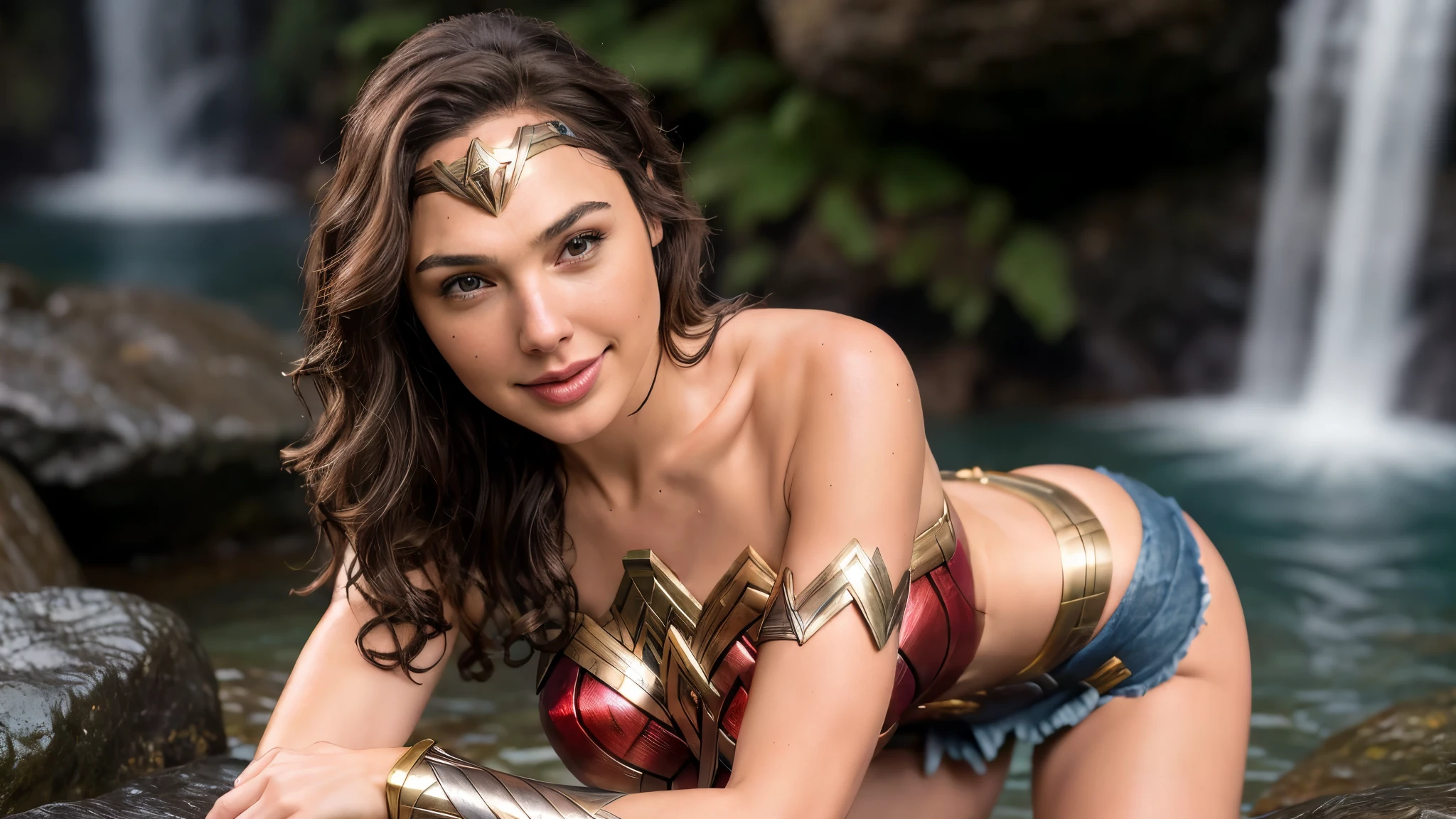 Gal Gadot as Wonder Woman, full body, deep neckline, suit of wonder woman, costume wonder woman, Hot, sexy ,((Masterpiece, best quality)), detailed skin, highly detailed, cinematic lighting, ultra realistic, blush,big breasts, cleavage, malicious smile, full body view. Wonder woman, brunette hair, Close up of breasts, pokies, bikini top, denim bahama shorts, gold arm bracers, tropical waterfall location, smile