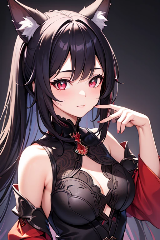 beautiful woman with red eyes, 2 ponytails, long black hair, fox ears, wearing a beautiful purple dress, black leggings, genshin impact style, cute girl, (best quality,4k,8k,highres,masterpiece:1.2),ultra-detailed,(animated,photorealistic,photo-realistic:1.37),intricate details,exquisite,vivid colors,cinematic lighting,concept art,digital painting