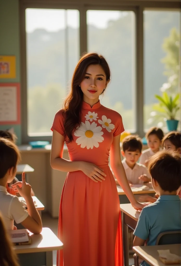 Aodai2011, ao dai, lisamy, A beautiful Vietnamese woman stands at the front of a lively classroom, her expression warm and engaging as she teaches a group of small ren. She wears a half-sleeved blue ao dai adorned with a large white flower pattern that elegantly flows over the high-collared, fitted silk fabric, symbolizing grace and poise. The semi-transparent sleeves add a light, graceful touch, enhancing her approachable presence. The ren, seated at small desks, listen attentively with curious expressions, some raising their hands eagerly. The classroom is filled with colorful decorations, ren’s drawings, and learning materials that add vibrancy to the scene. Soft sunlight filters in through large windows, gently illuminating the room and casting a warm glow on her ao dai, creating a nurturing, joyful atmosphere that reflects her dedication and care as a teacher guiding young minds.