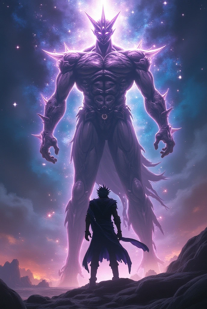Make a man with short, messy white hair, wearing black and white medieval clothing., fighting against a cosmic humanoid being like the universe with cosmic powers, that both are the same size