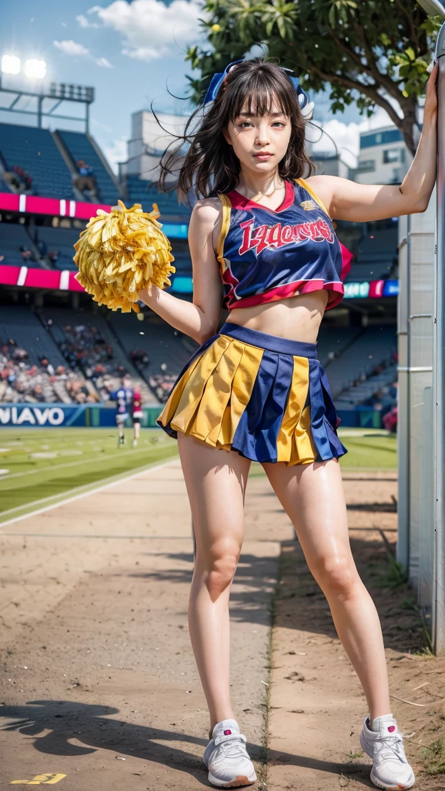 Exposure:1.2、smile、Nipples、tits、Camel Toe、large breast、(focus breasts)、full body、Line、(Stadium Background:1.2)、(Angle from below:1.2)、Cheerleaders wearing sexy cleavage、dance、大きなtitsの接写, (Cheerleader Cosplay、cheerleader skirt、Cheerleader Shoes) , Top quality stadium,