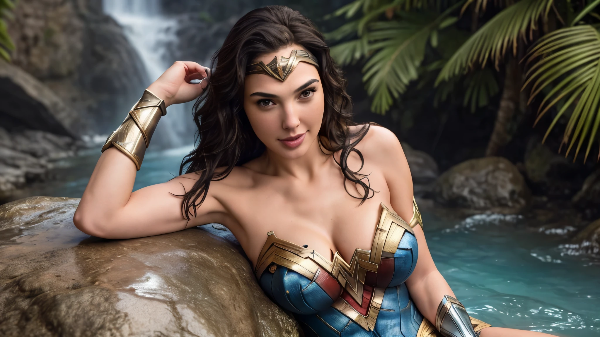 Gal Gadot as Wonder Woman, full body, deep neckline, suit of wonder woman, costume wonder woman, Hot, sexy ,((Masterpiece, best quality)), detailed skin, highly detailed, cinematic lighting, ultra realistic, blush,big breasts, cleavage, malicious smile, full body view. Wonder woman, brunette hair, Close up of breasts, pokies, bikini top, denim bahama shorts, gold arm bracers, tropical waterfall location, smile