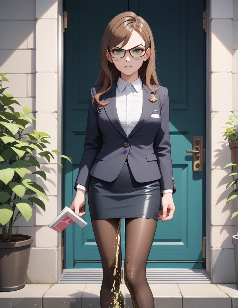 1girl,solo,
ryoukan,
brown hair,long hair,green eyes,opaque glasses,pantyhose,suit, pencil skirt,,
angry,
masterpiece, best quality, ultra detailed, highres,4k,(ultra-detailed:1.4) (illustration:0.5), (ray tracing,:0.8),(anime colored:0.7),(ai-generated:0.5), (anime screencap:1.2),, ((peeing self))Pee all over the body、Urine、the whole body is wet