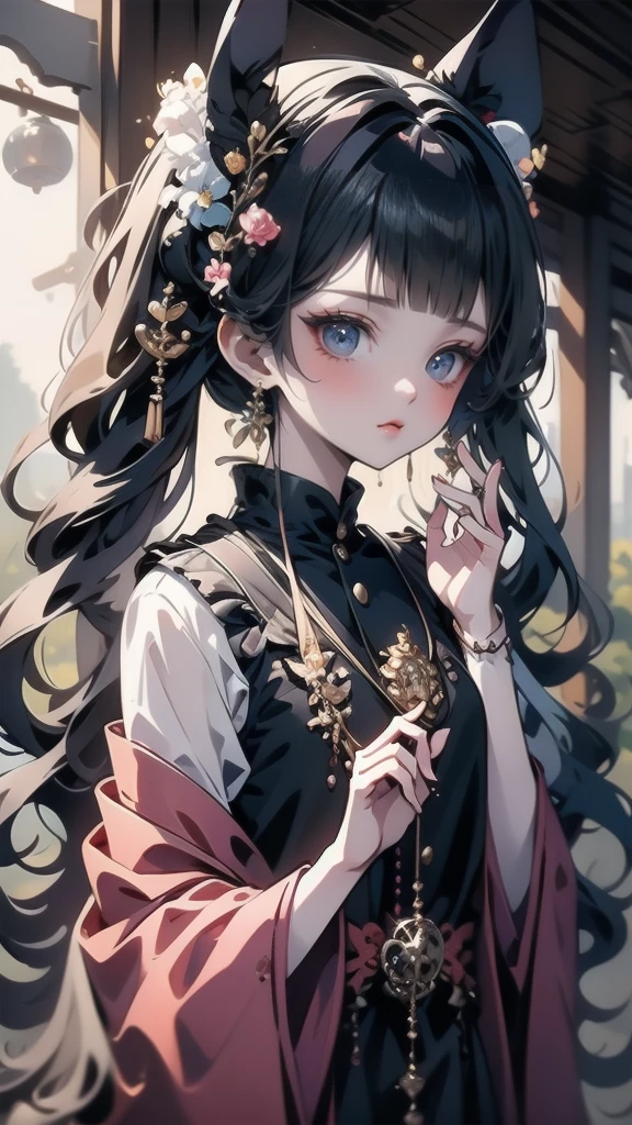 Anime girl with black hair and cat ears holding a fan, Ayaka Genshin impact, anime moe art style, Official artwork, anime visual of a cute girl, onmyoji portrait, hanayamata, ayaka game genshin impact, A scene from the《azur lane》videogame, cute anime waifu in a nice dress