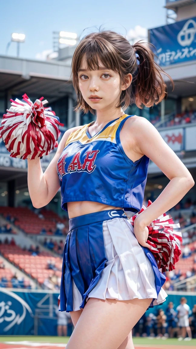 8k、（masterpiece、Best Quality:1.3）、（ very detailed:1.2）、 perfect anatomy、 beautiful Japanese women 、2０age、 Healthy Thighs、 beautiful feet、Beautiful Skin、 random hair color 、 random hairstyles、Big Breasts、 cheerleader、( cheerleaderのユニフォーム:1.3) 、(Micro Pleated Mini Skirt:1.3) 、 full body shot、Shoes、Stadium