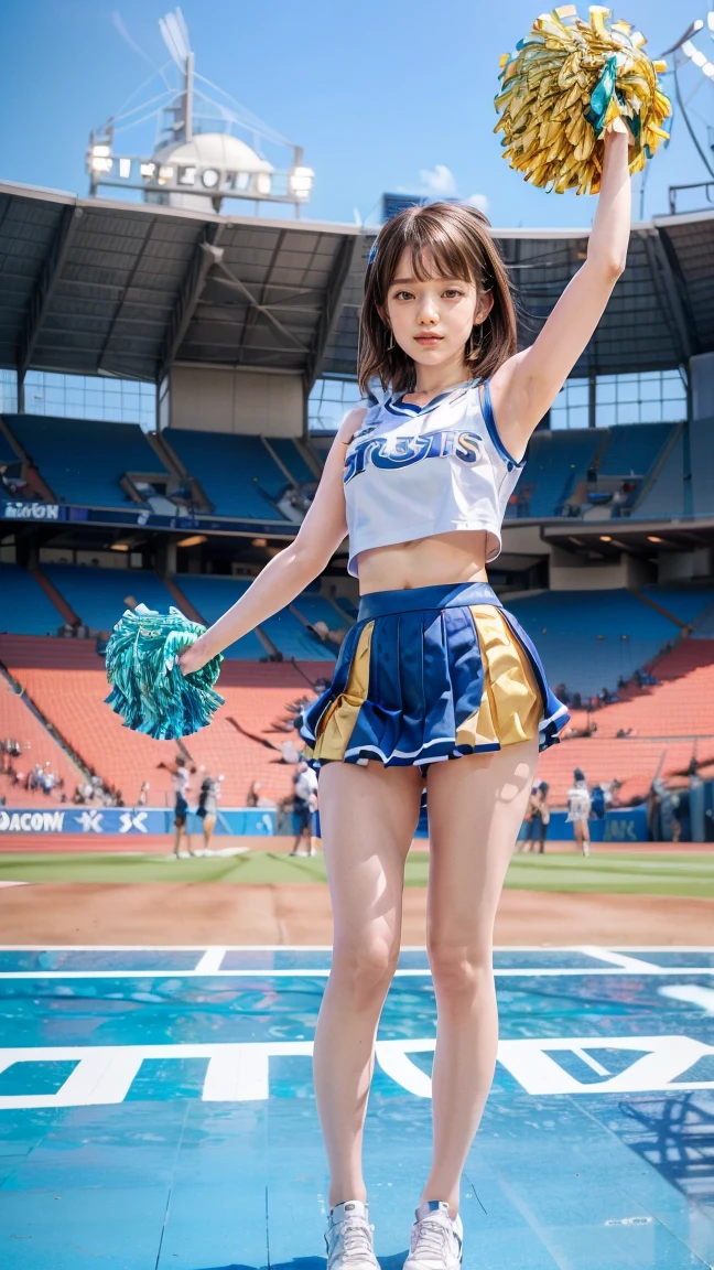 8k、（masterpiece、Best Quality:1.3）、（ very detailed:1.2）、 perfect anatomy、 beautiful Japanese women 、2０age、 Healthy Thighs、 beautiful feet、Beautiful Skin、 random hair color 、 random hairstyles、Big Breasts、 cheerleader、( cheerleaderのユニフォーム:1.3) 、(Micro Pleated Mini Skirt:1.3) 、 full body shot、Shoes、Stadium