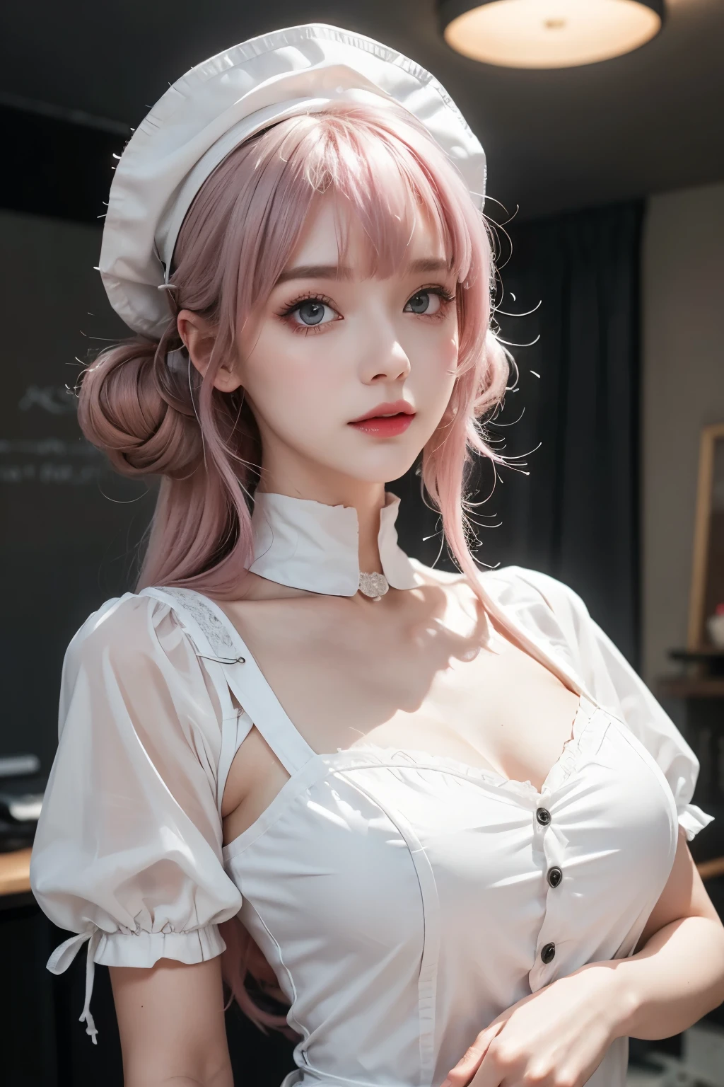 nurse, wearing white nurse uniform, wearing white nurse cap, gothic ****ta-like fashion, standing next to the examination table, looking up from below, smiliing, pampered expression, lovey-dovey, shiny silver and pink hair, pompadour hairstyle, twisted bangs, hair is shaggy and dishevelled, silver eyeblow, slendar figure, beautiful white-colored translucent skin, vivid makeup, shot from directly below, {realistic}, {cinematic}, {photogenic}, {detailed rendering}, {cinematic lighting}, {vibrant colors}, {photorealistic}, {best quality}, {8k}, {hyperdetailed}