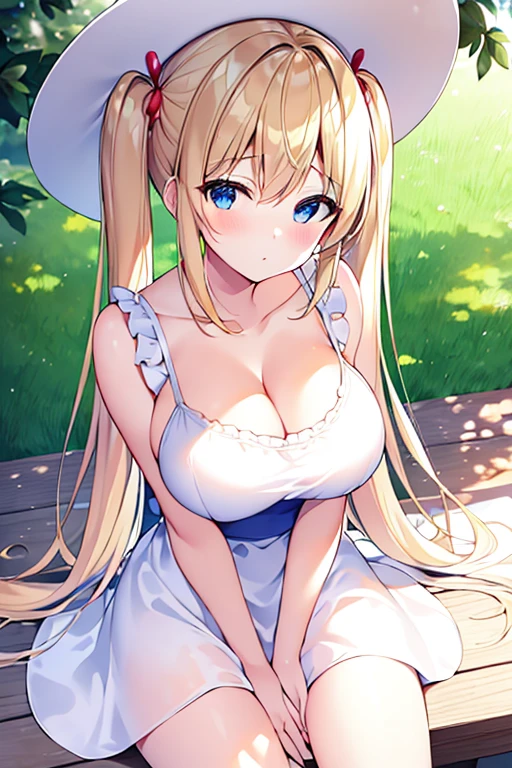 Highest quality,masterpiece,8k,Anime Style,Blonde with blue eyes、camisole、race,White camisole dress micromini skirt,Cleavage,Side view,Large Breasts、sidetie panties,NSFW, Twin tails、glamorous,Cute eyes,sun hat(sun hat),Japanese Festivals,Stall,daytime,Smooth thighs,Accentuate your breasts,Healthy Thighs,Sitting with legs crossed,